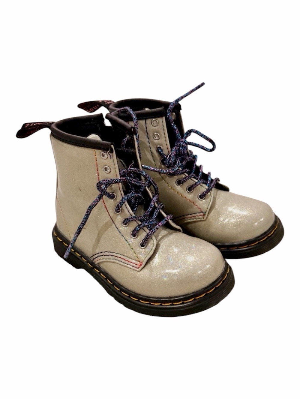 Dr. Martens Kids Boots in Sparkle Silver with Rainbow Stitching - 8